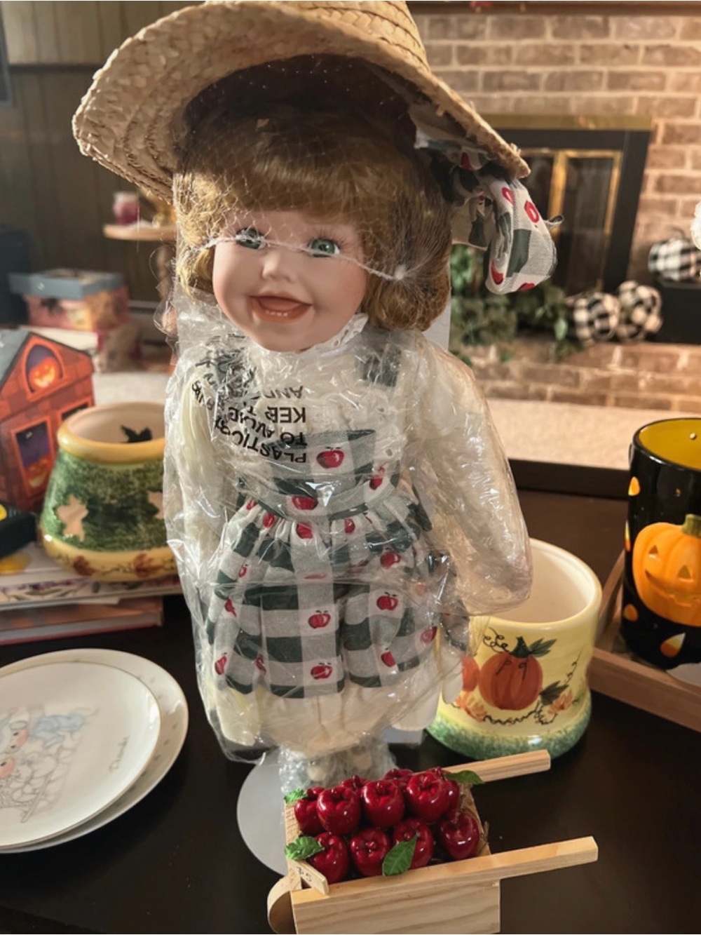 Porcelain Apple-Print Country Doll Costume in Green & White